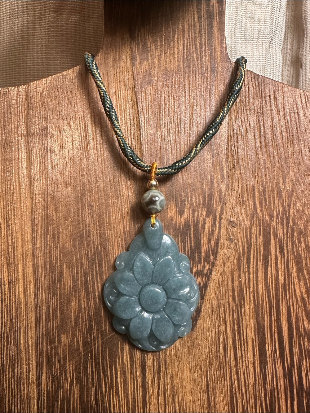 Green Jade Flower Pendant Necklace with Ocean Jasper on Green and Gold Rope - Picture 6 of 11